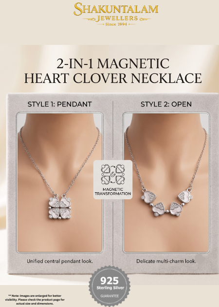 925 Sterling Silver Magnetic Clover Heart Necklace (2-in-1)